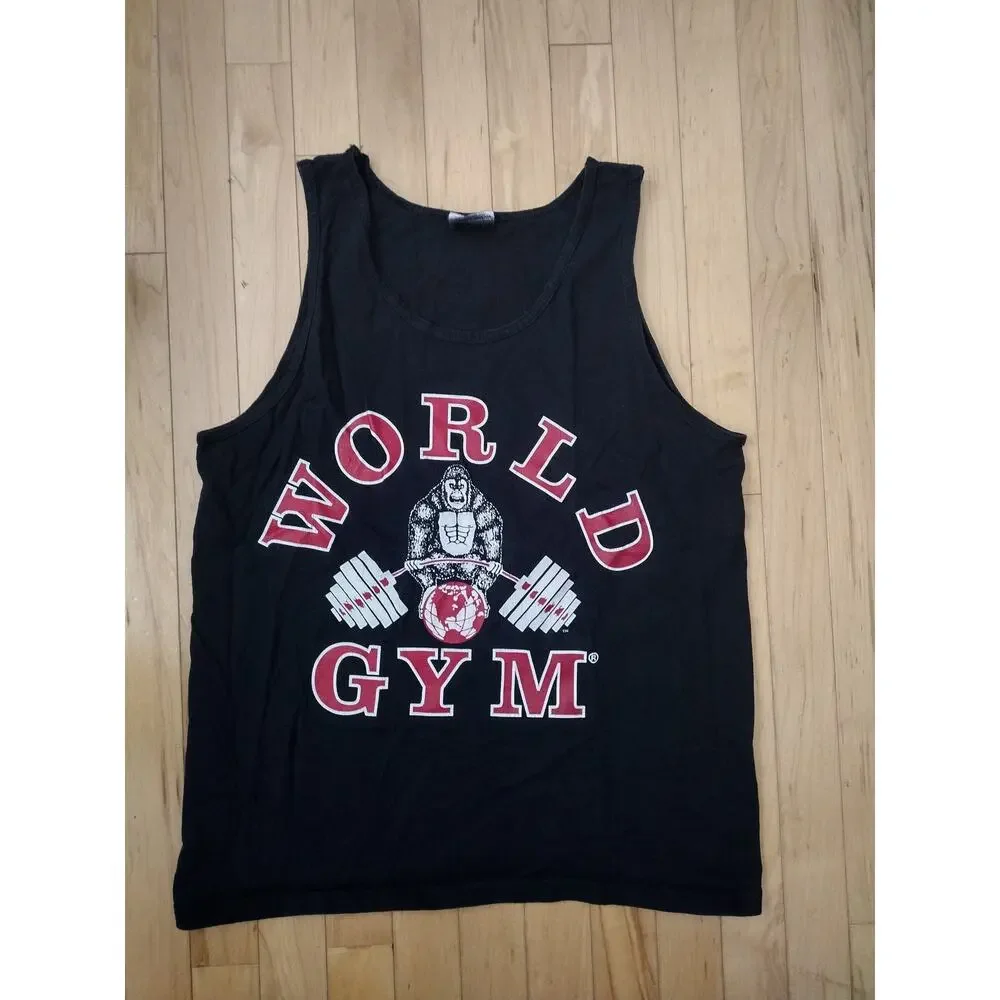 Vintage World Gym Tank Top Black Graphic Muscle Shirt Size Medium
